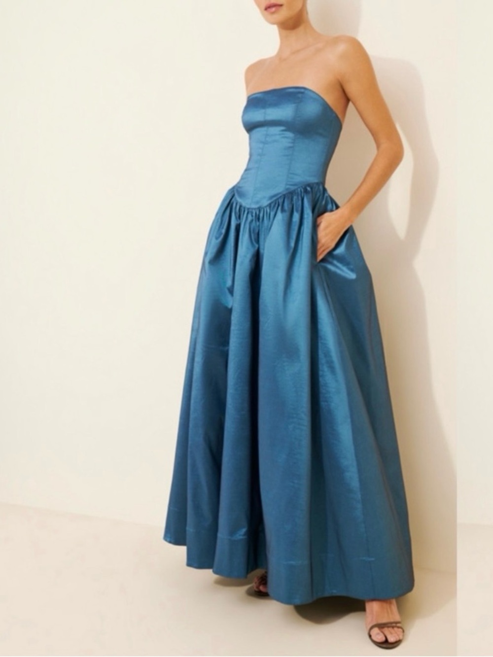 Hansen and Gretel Audrey Strapless Teal Satin Ball Gown Dress